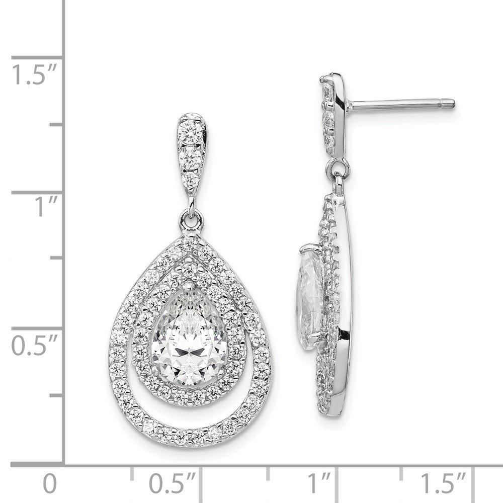 Sterling Silver Rhodium-plated Pear Shaped CZ Double Halo Dangle Earrings