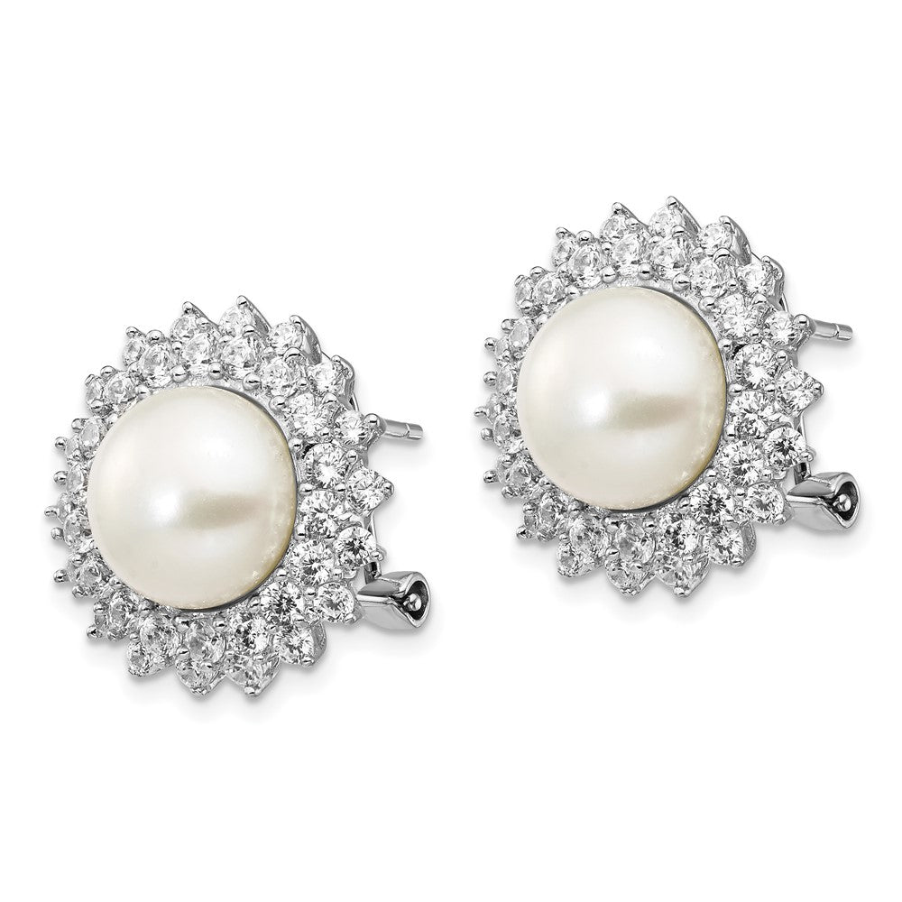 Sterling Silver Rhodium-plated Cultured Pearl and CZ Omega Back Earrings