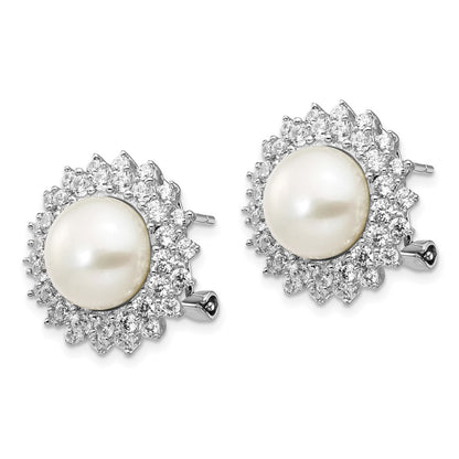 Sterling Silver Rhodium-plated Cultured Pearl and CZ Omega Back Earrings