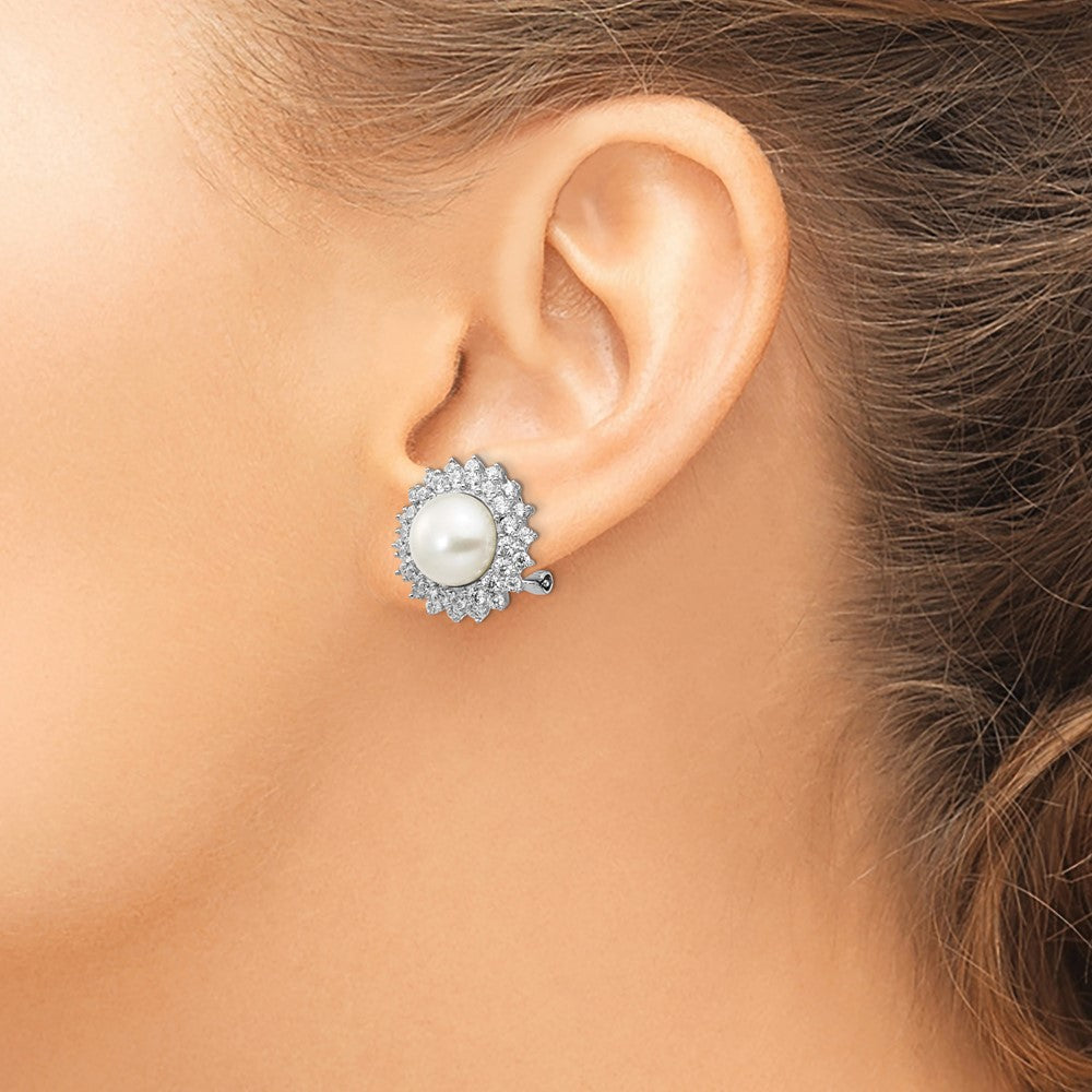 Sterling Silver Rhodium-plated Cultured Pearl and CZ Omega Back Earrings