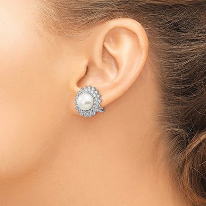 Sterling Silver Rhodium-plated Cultured Pearl and CZ Omega Back Earrings