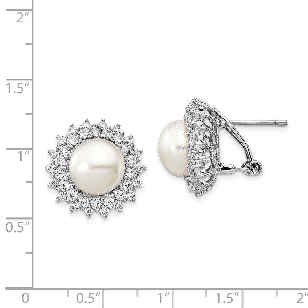 Sterling Silver Rhodium-plated Cultured Pearl and CZ Omega Back Earrings