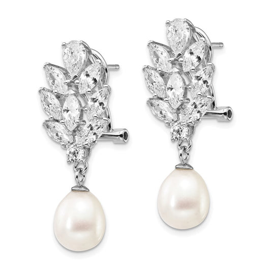 Sterling Silver Rhodium-plated Teardrop Cultured Pearl and CZ Fancy Omega Back Dangle Earrings