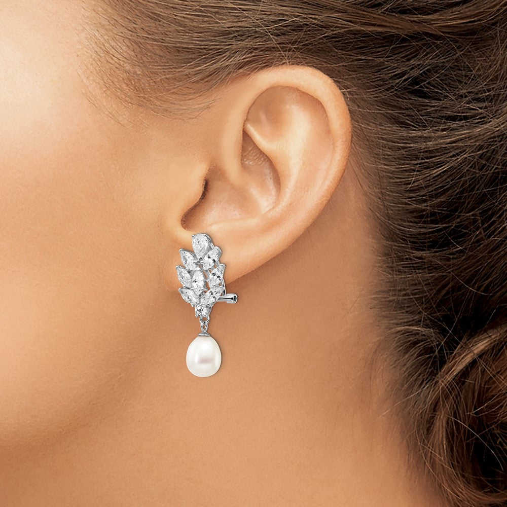 Sterling Silver Rhodium-plated Teardrop Cultured Pearl and CZ Fancy Omega Back Dangle Earrings