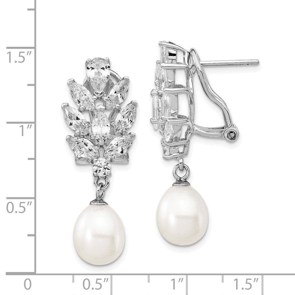 Sterling Silver Rhodium-plated Teardrop Cultured Pearl and CZ Fancy Omega Back Dangle Earrings