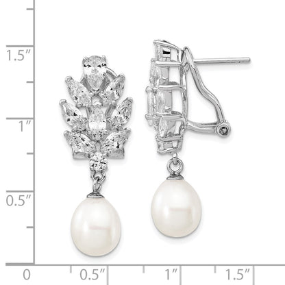 Sterling Silver Rhodium-plated Teardrop Cultured Pearl and CZ Fancy Omega Back Dangle Earrings