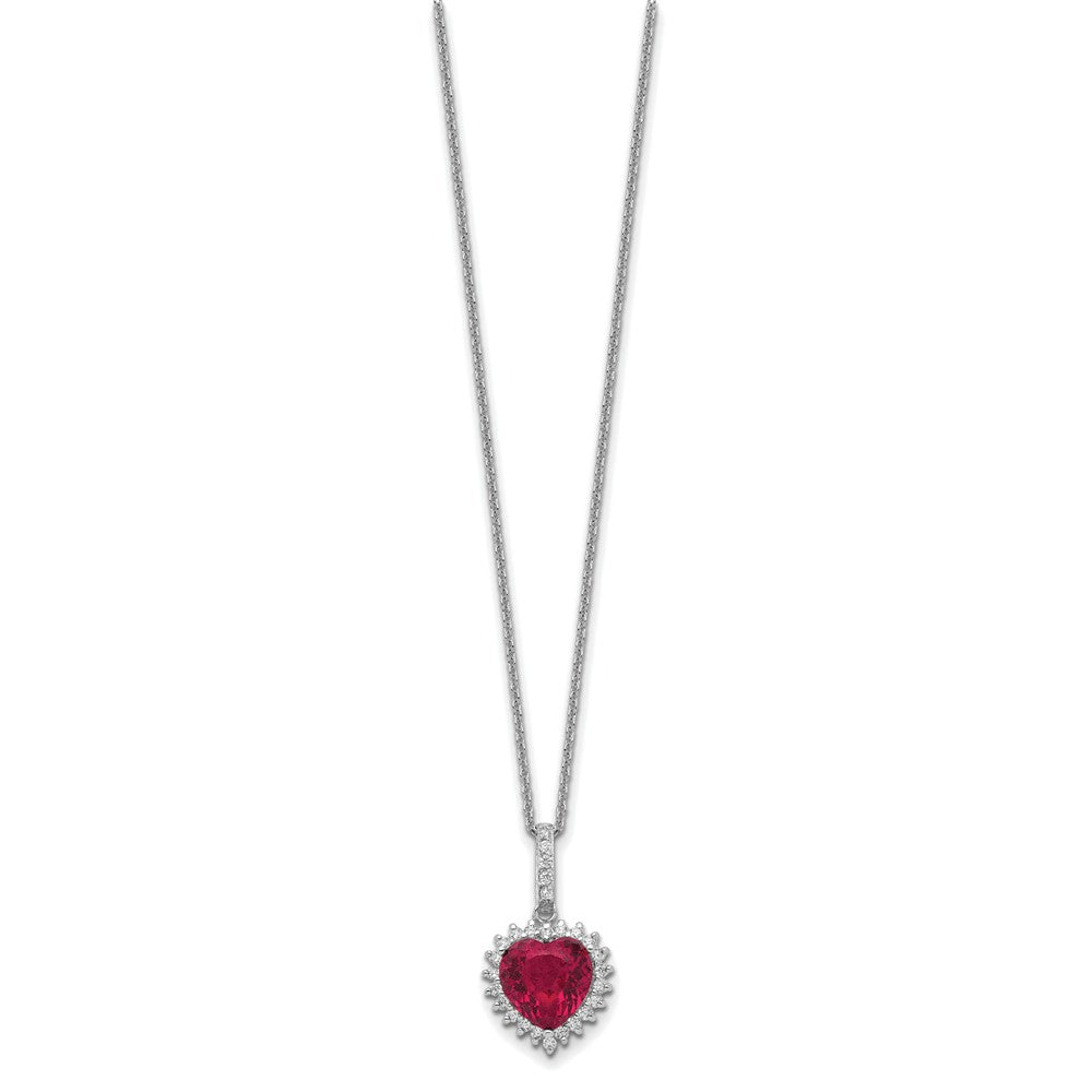 Sterling Silver Lab Created Ruby and White CZ Heart Halo Necklace 18"