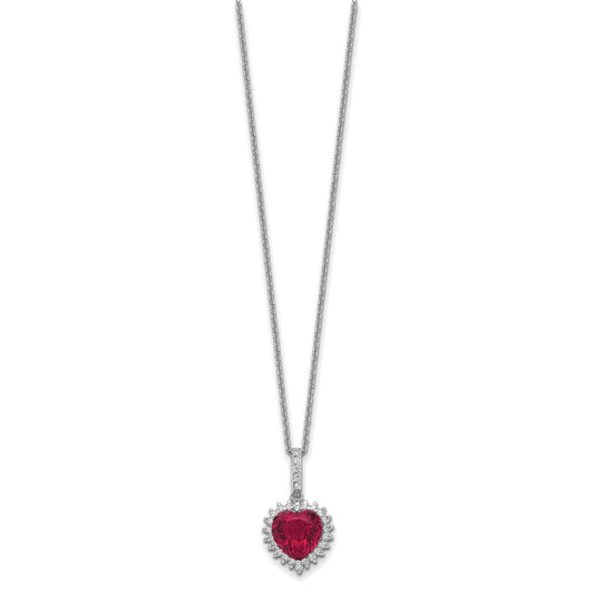 Sterling Silver Lab Created Ruby and White CZ Heart Halo Necklace 18"