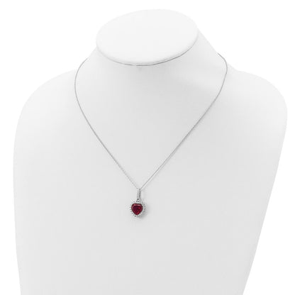 Sterling Silver Lab Created Ruby and White CZ Heart Halo Necklace 18"