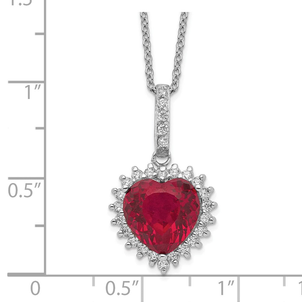 Sterling Silver Lab Created Ruby and White CZ Heart Halo Necklace 18"