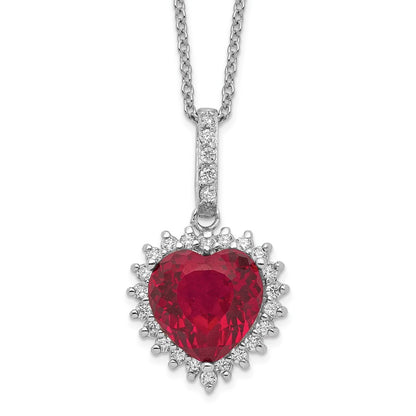 Sterling Silver Lab Created Ruby and White CZ Heart Halo Necklace 18"