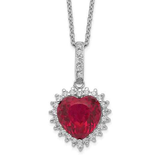 Sterling Silver Lab Created Ruby and White CZ Heart Halo Necklace 18"