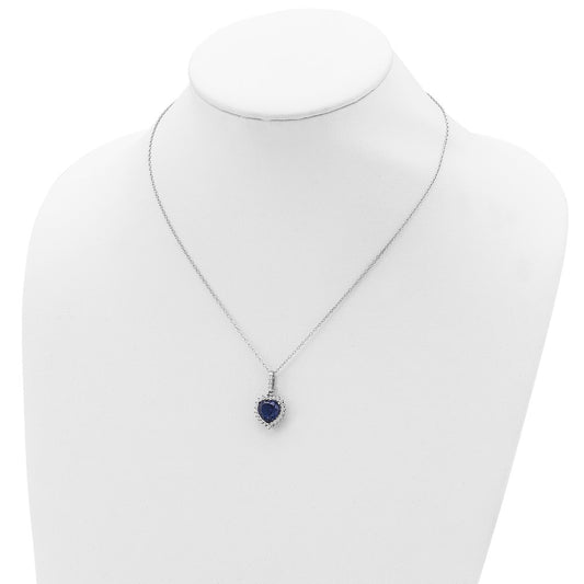 Sterling Silver Lab Created Dark Blue Spinel and White CZ Heart Halo Necklace 18"