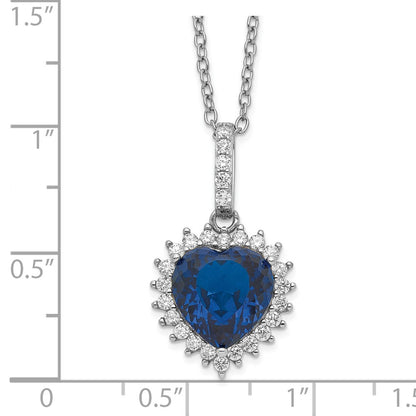 Sterling Silver Lab Created Dark Blue Spinel and White CZ Heart Halo Necklace 18"