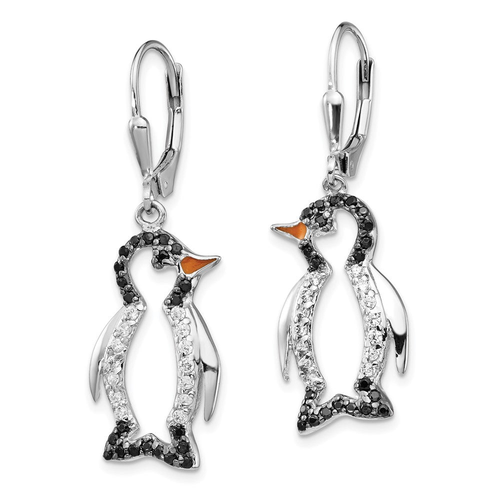 Sterling Silver Black Rhodium Accent Enameled Black and White CZ Penguin Dangle Earrings