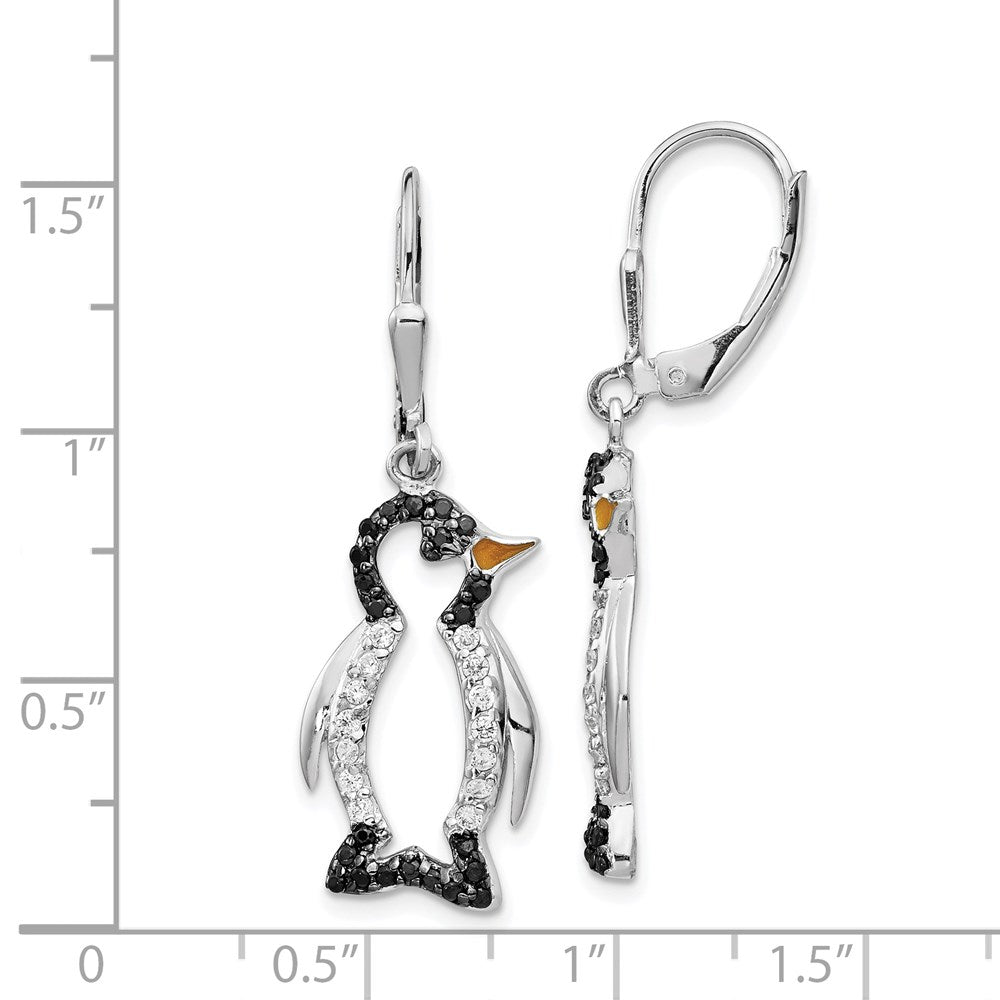 Sterling Silver Black Rhodium Accent Enameled Black and White CZ Penguin Dangle Earrings