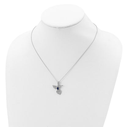 Sterling Silver Lab Created Dark Blue Spinel and White CZ Hummingbird Necklace 18"