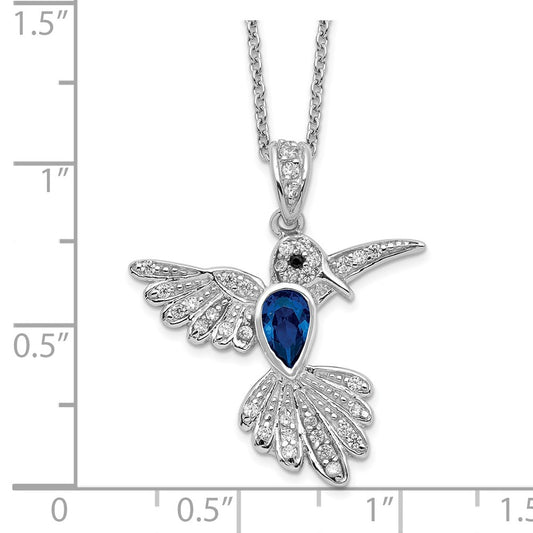 Sterling Silver Lab Created Dark Blue Spinel and White CZ Hummingbird Necklace 18"