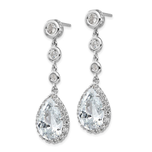 Sterling Silver Rhodium-plated CZ Bezel & Teardrop Halo Dangle Earrings