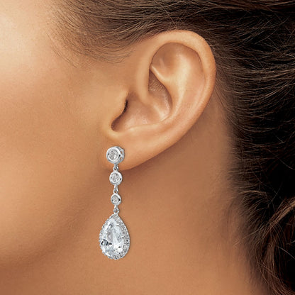 Sterling Silver Rhodium-plated CZ Bezel & Teardrop Halo Dangle Earrings