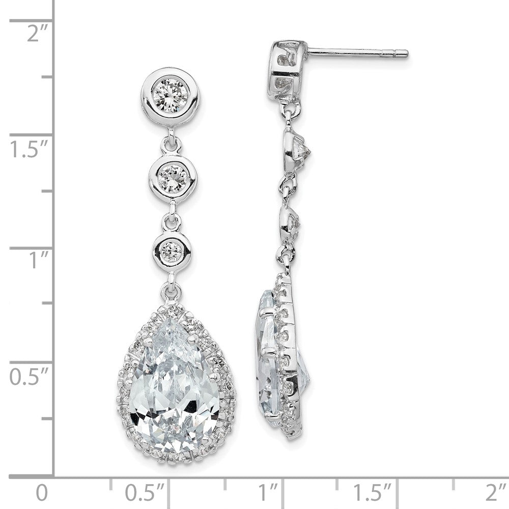 Sterling Silver Rhodium-plated CZ Bezel & Teardrop Halo Dangle Earrings
