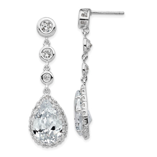 Sterling Silver Rhodium-plated CZ Bezel & Teardrop Halo Dangle Earrings