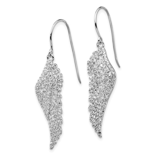 Sterling Silver Rhodium-plated CZ Angel Wing Shepherd Hook Dangle Earrings