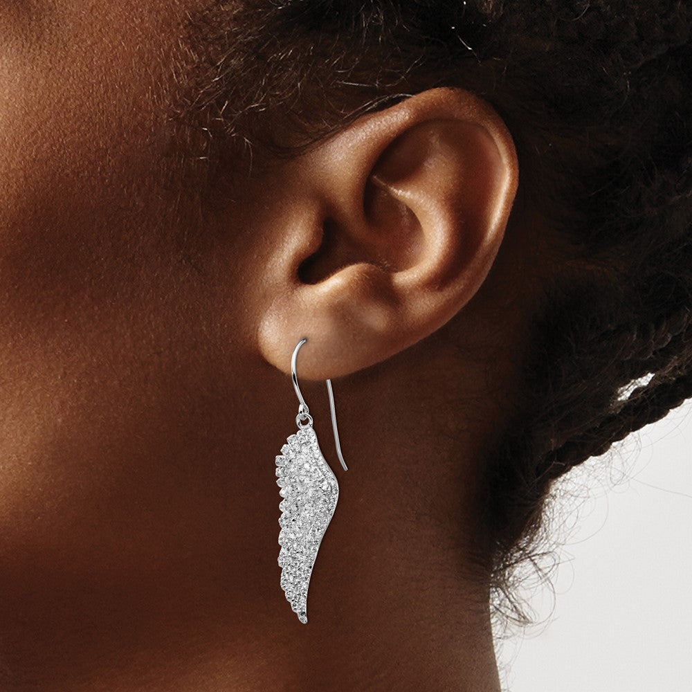 Sterling Silver Rhodium-plated CZ Angel Wing Shepherd Hook Dangle Earrings