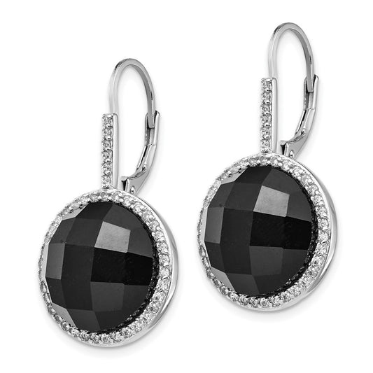 Sterling Silver Rhodium-plated Checker-cut Onyx and White CZ Round Halo Dangle Earrings