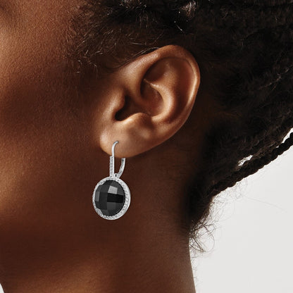 Sterling Silver Rhodium-plated Checker-cut Onyx and White CZ Round Halo Dangle Earrings