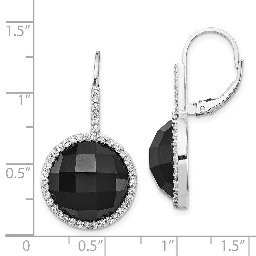 Sterling Silver Rhodium-plated Checker-cut Onyx and White CZ Round Halo Dangle Earrings