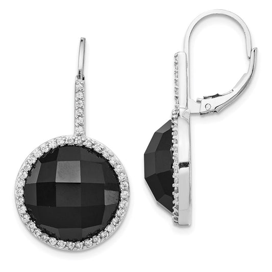 Sterling Silver Rhodium-plated Checker-cut Onyx and White CZ Round Halo Dangle Earrings