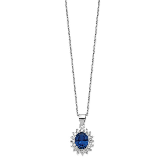 Sterling Silver Lab Created Dark Blue Spinel and White CZ Oval Halo Necklace 18"
