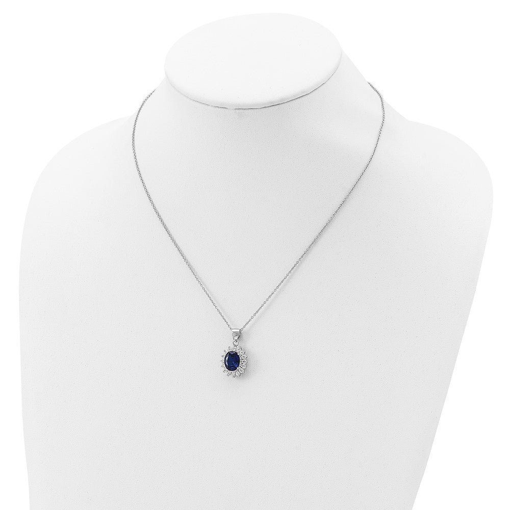 Sterling Silver Lab Created Dark Blue Spinel and White CZ Oval Halo Necklace 18"