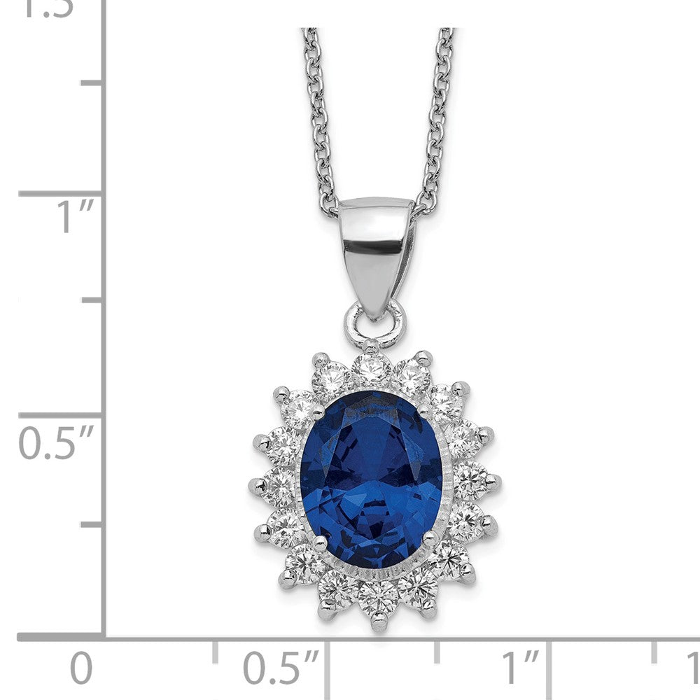 Sterling Silver Lab Created Dark Blue Spinel and White CZ Oval Halo Necklace 18"
