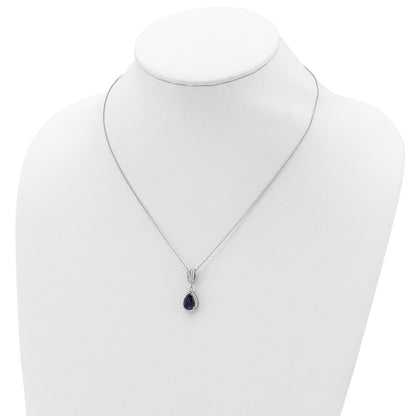 Sterling Silver Lab Created Dark Blue Spinel and White CZ Teardrop Halo Necklace 18"