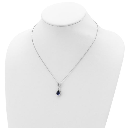 Sterling Silver Lab Created Dark Blue Spinel and White CZ Teardrop Halo Necklace 18"