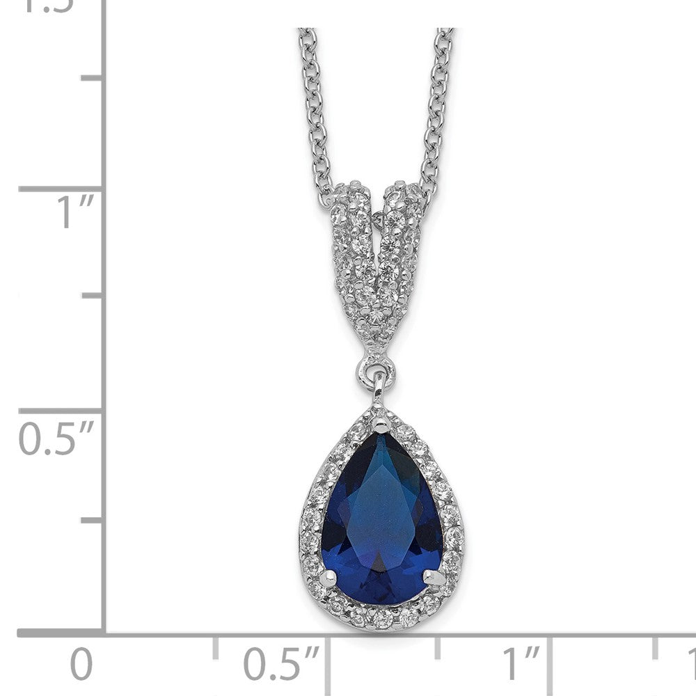 Sterling Silver Lab Created Dark Blue Spinel and White CZ Teardrop Halo Necklace 18"