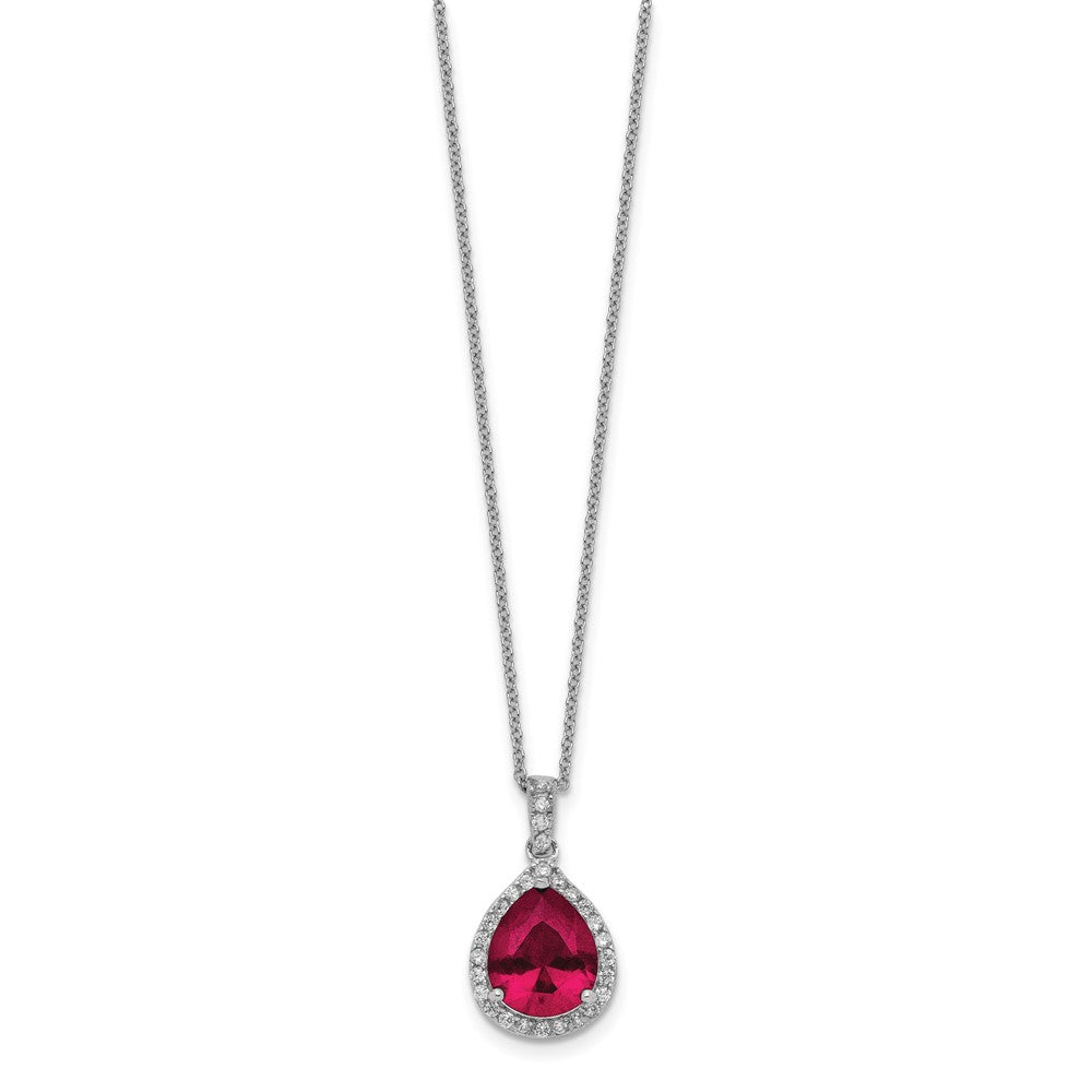 Sterling Silver Lab Created Ruby and White CZ Teardrop Halo Necklace 18"