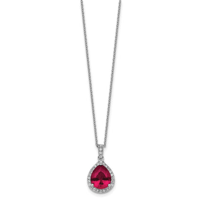 Sterling Silver Lab Created Ruby and White CZ Teardrop Halo Necklace 18"