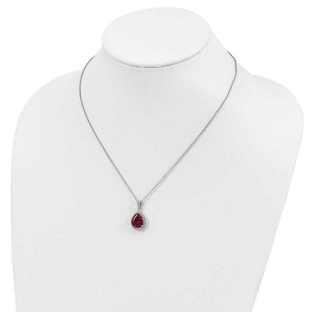 Sterling Silver Lab Created Ruby and White CZ Teardrop Halo Necklace 18"
