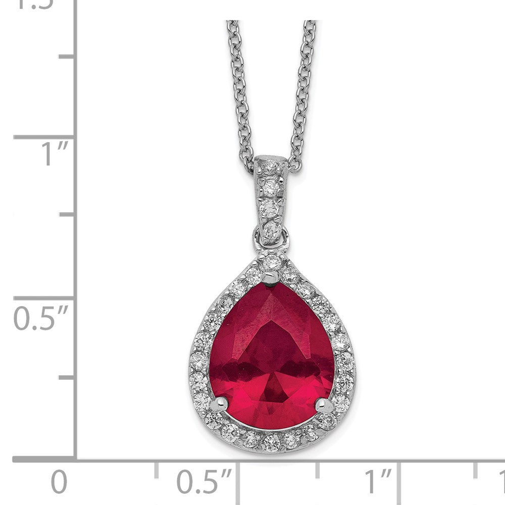 Sterling Silver Lab Created Ruby and White CZ Teardrop Halo Necklace 18"