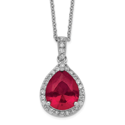 Sterling Silver Lab Created Ruby and White CZ Teardrop Halo Necklace 18"