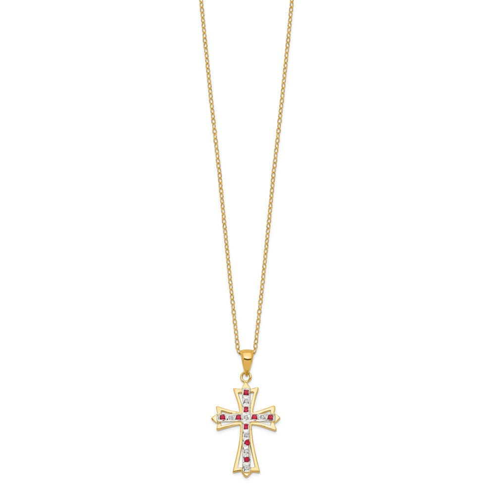 Sterling Silver 18K Gold-plated Diamond and Ruby Cross Necklace 18"