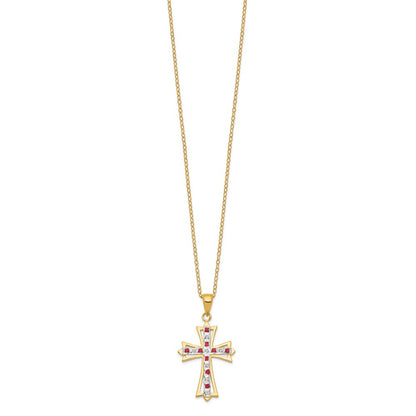 Sterling Silver 18K Gold-plated Diamond and Ruby Cross Necklace 18"