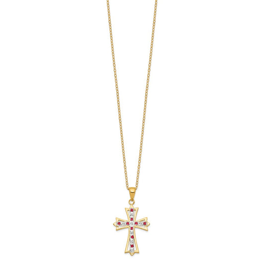 Sterling Silver 18K Gold-plated Diamond and Ruby Cross Necklace 18"