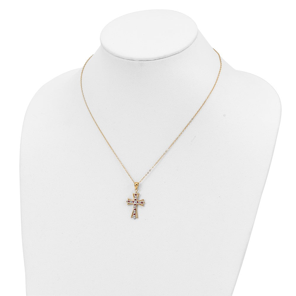 Sterling Silver 18K Gold-plated Diamond and Ruby Cross Necklace 18"