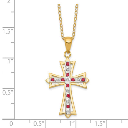 Sterling Silver 18K Gold-plated Diamond and Ruby Cross Necklace 18"