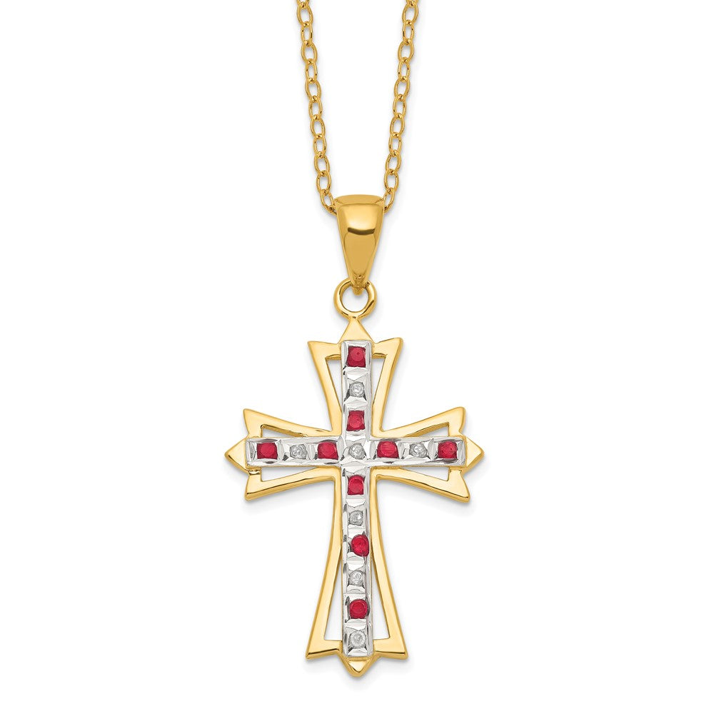 Sterling Silver 18K Gold-plated Diamond and Ruby Cross Necklace 18"