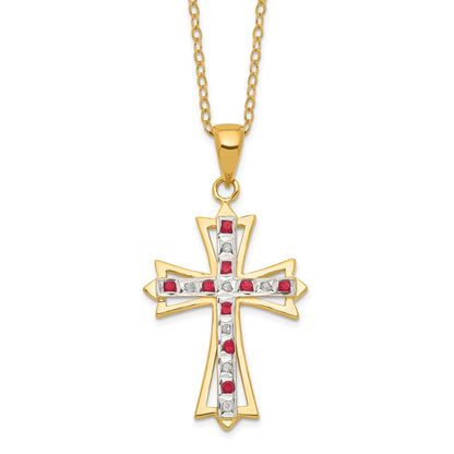 Sterling Silver 18K Gold-plated Diamond and Ruby Cross Necklace 18"